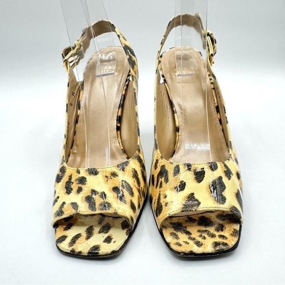 STUART WEITZMAN GOLD ANIMAL PRINTS SLING BACK HEELS OPEN TOE SHOE PATENT LEATHER - Picture 5 of 15